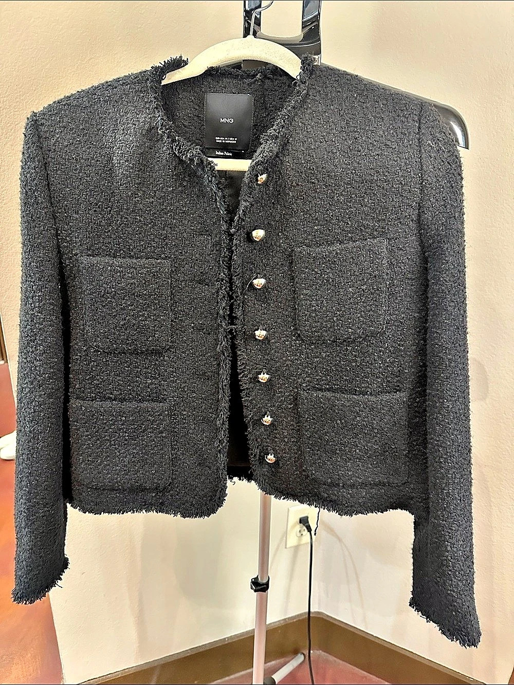 MNG Textured Frayed-Edge Blazer in Black Size Medium